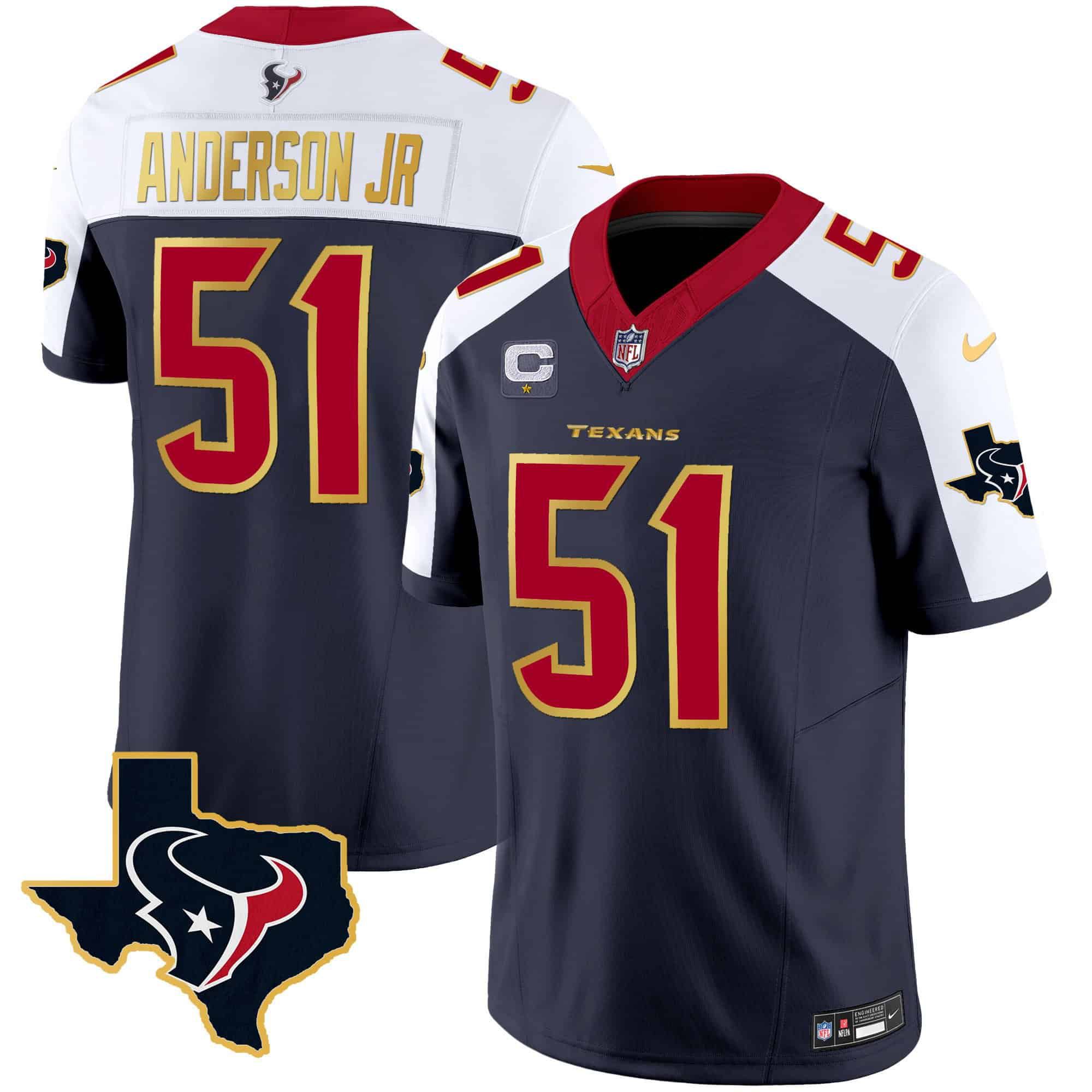 Men Houston Texans 51 Anderson jr Dark blue Gold 2024 Nike Trim Vapor NFL Jersey